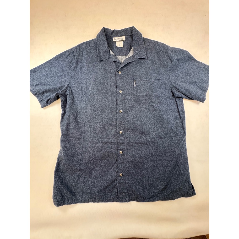 Columbia Sportswear Mens XL Navy Blue Micro Print Short‎ Sleeve Button Up Shirt